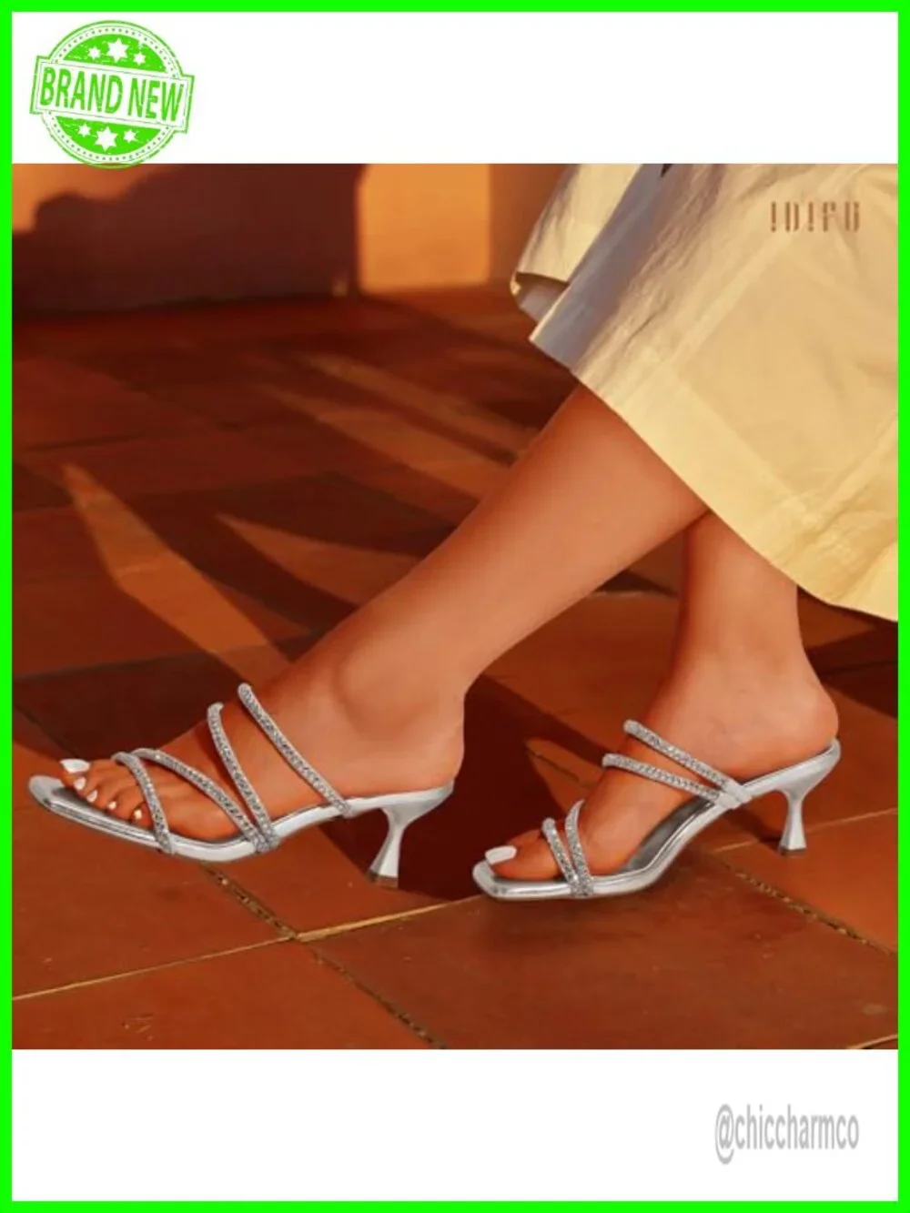 IDIFU Rhinestone Strappy Slingback Kitten Heels Sandals Women's Slip On